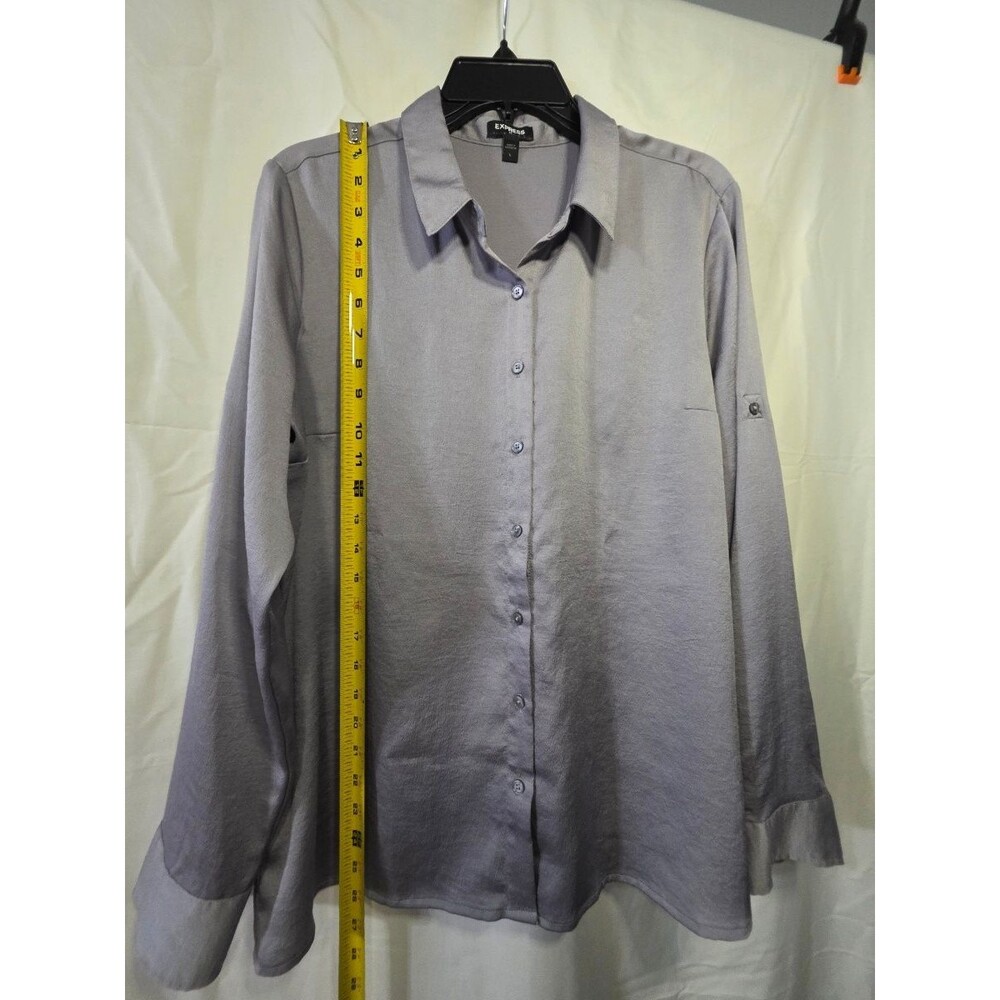 Express Women's Button Up Blouse Large Long Sleeve 100% Polyester Gray - Picture 2 of 4